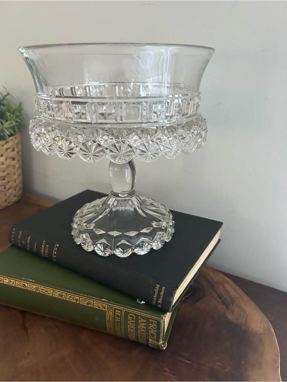 Dalzell, Gilmore & Leighton glass Pedestal compote Bowl stand Starred Block